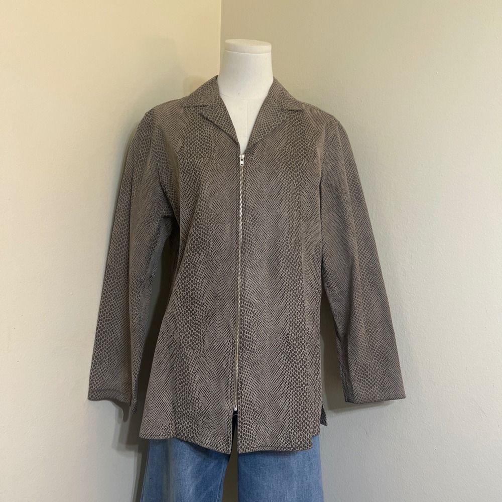 Alfani Womens Brown Snakeskin Print Leather Zip Up Shirt Jacket Blazer Size M